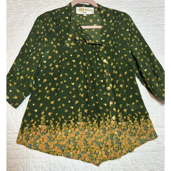Lauren Moffatt Blouse Womens S green floral Silk Print Snap Prairie Cottagecore - Picture 8 of 11